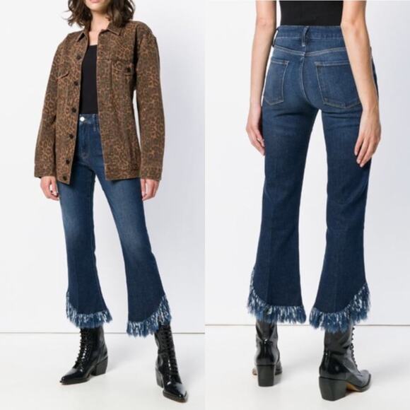 Frame Le Crop Mini Boot Jean US 26 Fringe Shredded Hem Blue Dark Wash Boho - Picture 2 of 14